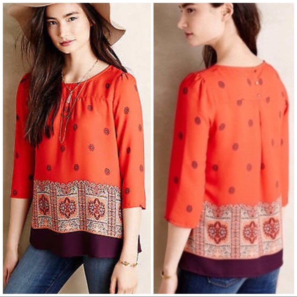Anthropologie Maeve Rila bordered boho red purple pattern blouse size 2